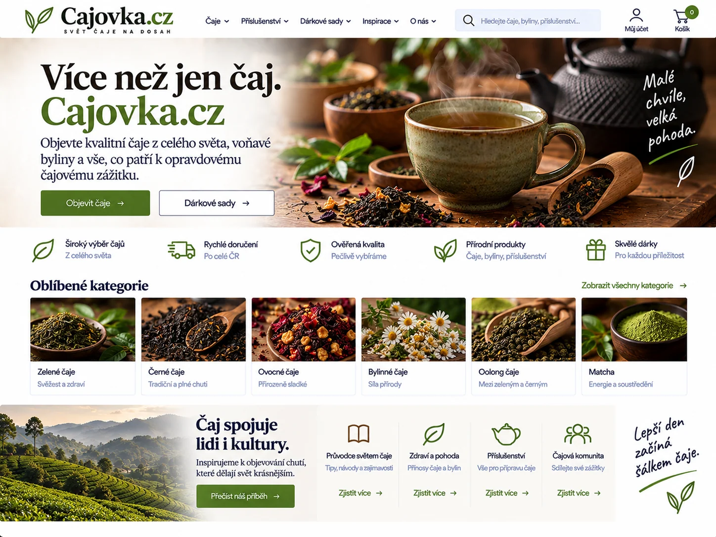 Ilustrační návrh pro Cajovka.cz: čajový e-shop s čaji, bylinami, dárkovými sadami a čajovou inspirací